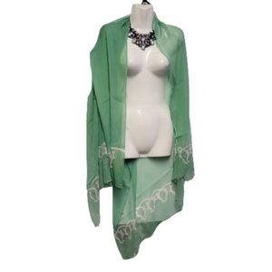 Green Silk Chiffon Handpainted Batik Crinkle Scarf - New